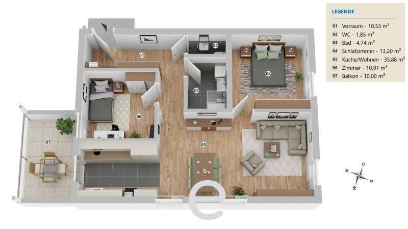 HYGGE Wohnen Top B1.4 - 3 Zimmerwohnung 77,11m² mit Balkon im 1.OG - Bild 2